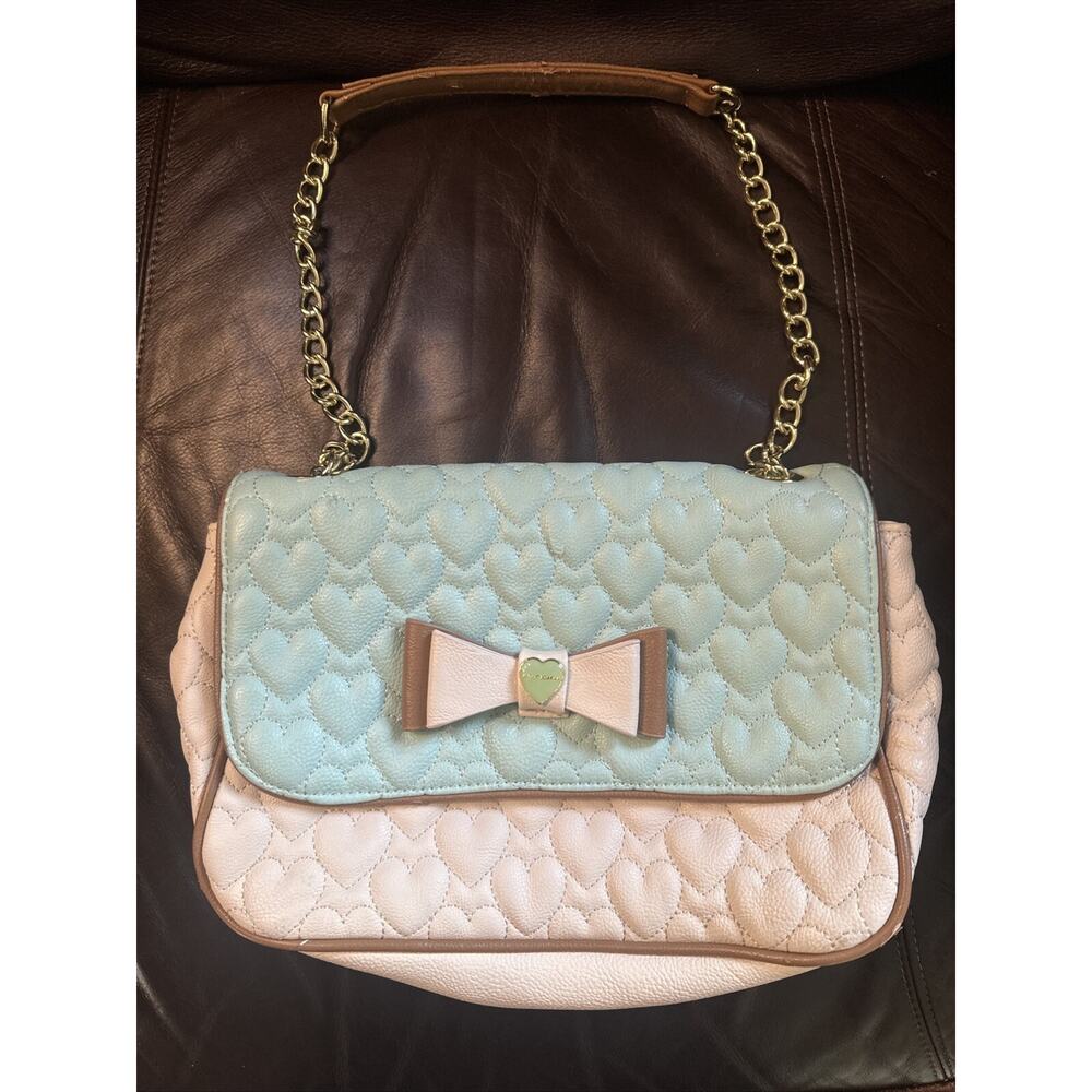 Betsey Johnson Quilted Hearts Shoulder Bag Hobo Teal Cream Handbag Vintage